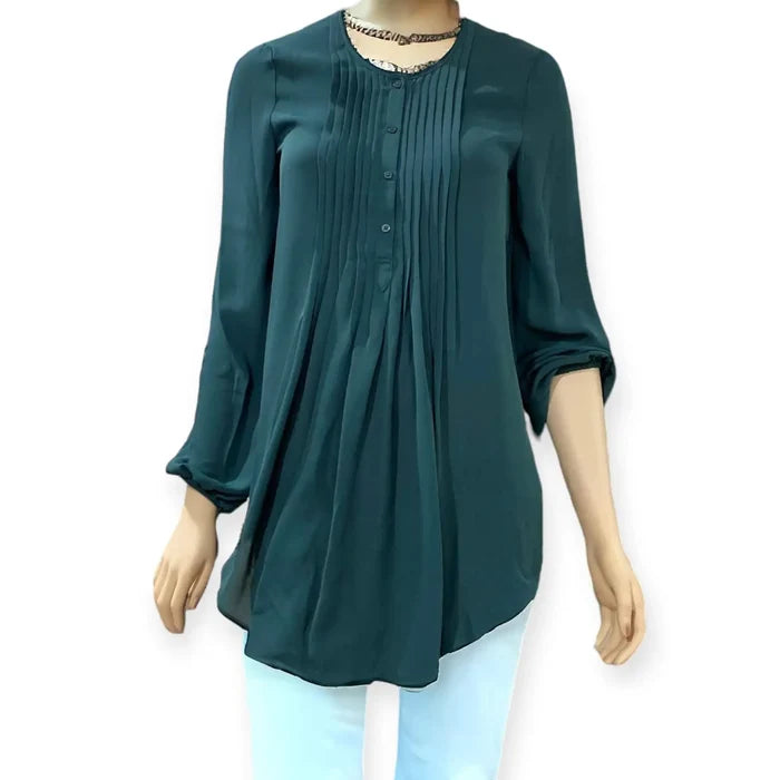 Evergreen Button Down Pleated Blouse - Wild Time Fashion
