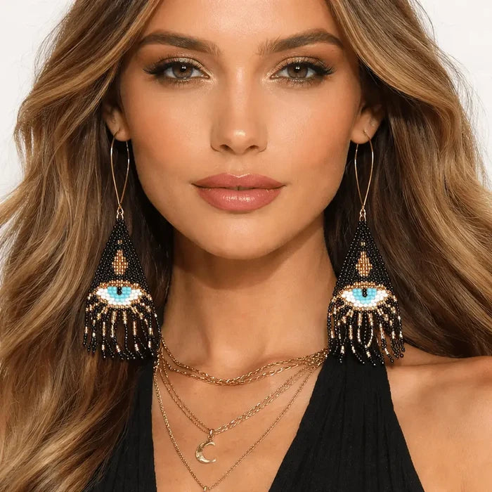 Evil Eye Fringe Dangle Earrings - black/gold / Female / handmade - Women’s Earrings