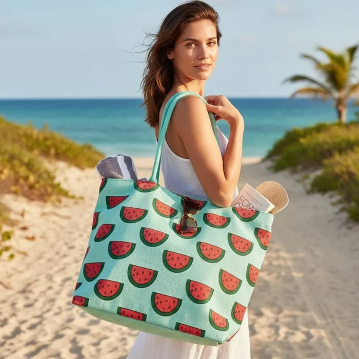 woman carrying on beach Oversized Watermelon Jute Tote / women's beach bag /one size