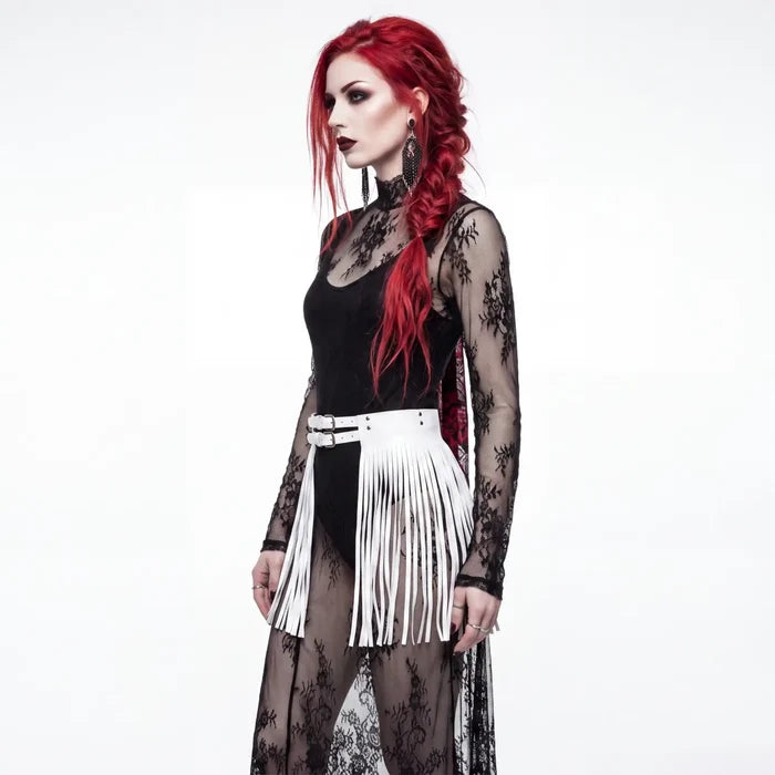White faux leather skirt fringe belt with dual buckles, studded accents, and long tassel fringe