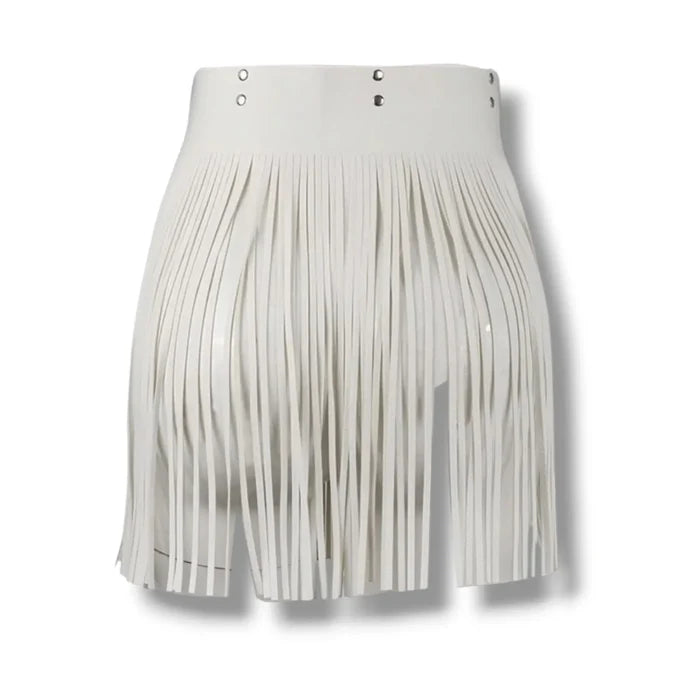 White faux leather skirt fringe belt with dual buckles, studded accents, and long tassel fringe