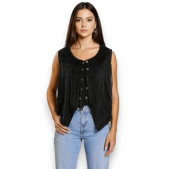 woman wearing faux suede cropped fringe snap closure vest boho western/ black