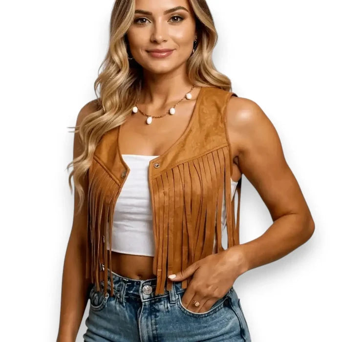woman wearing faux suede cropped fringe snap closure vest boho western/ brown /
