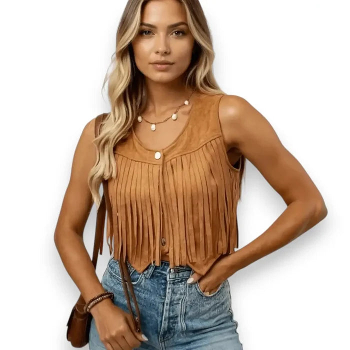 woman wearing faux suede cropped fringe snap closure vest boho western/ brown /