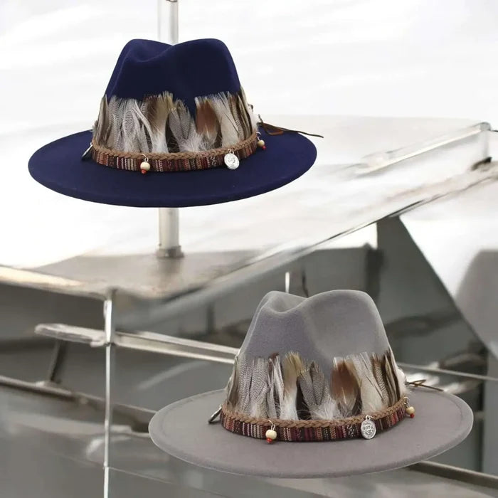 Festival Feather Fedora Hat with Tribal Beaded Band and Feathers in Gray or Navy Blue – Large XL Boho Western Style