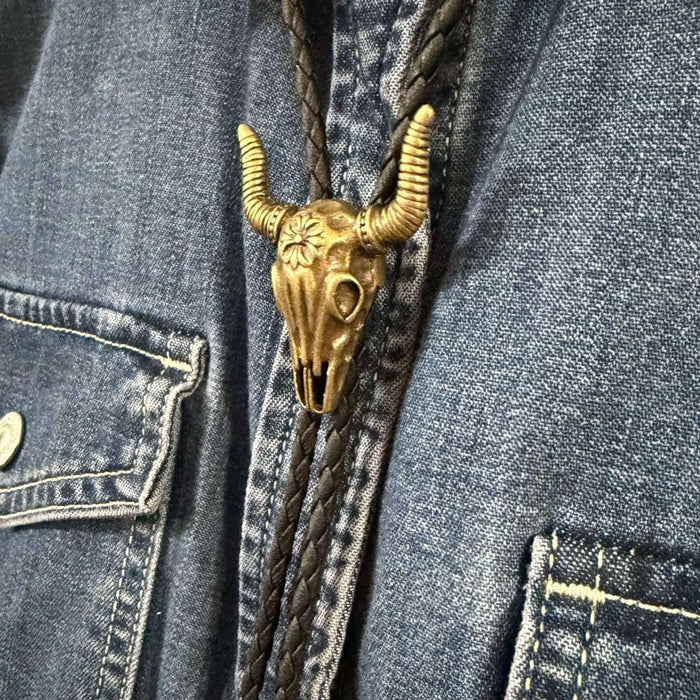 Festival Gold Steer Skull Western Bolo Tie Western adjustable choker or layering year round / Unisex / One Size