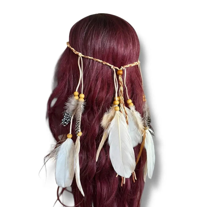 Feather Leather Beaded Long Headband Boho Western Festival head band