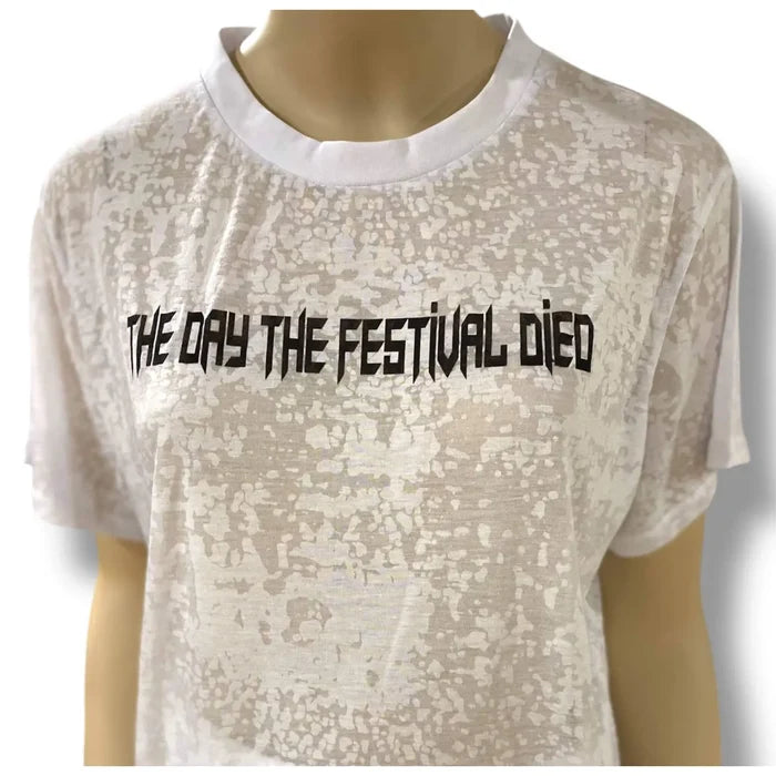 Festival White Burnout Graphic Tee -Model wearing white burnout graphic tee with festival lettering
