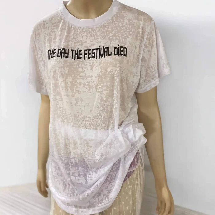 Festival White Burnout Graphic Tee Model wearing white burnout relaxed fit t-shirt