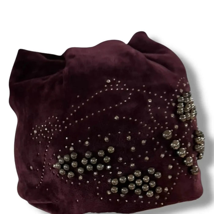 Fitted Velvet Winter Beanie Hat  gun metal gray beaded butterfly design with rhinestones accented in rich dark burgundy red