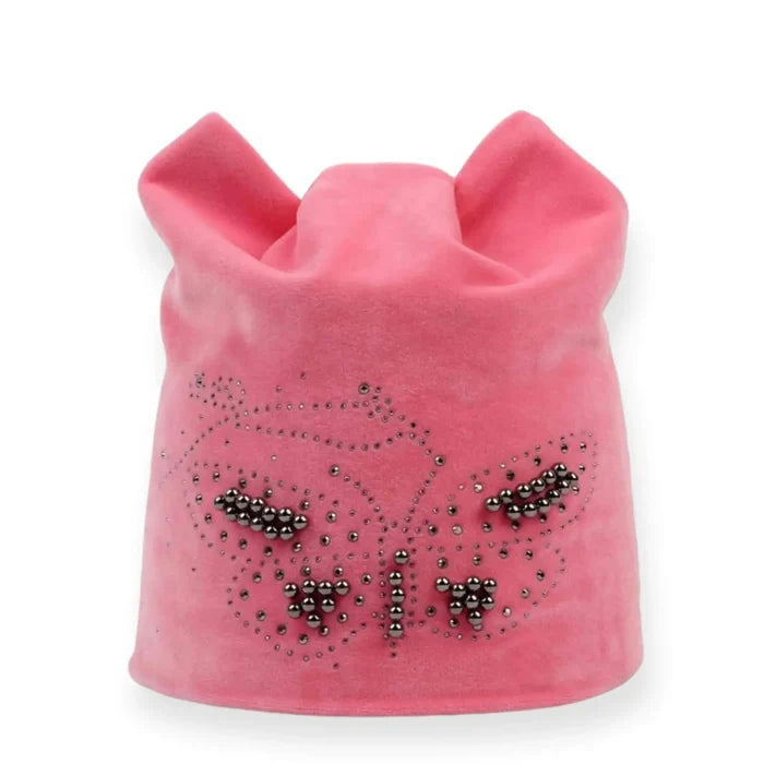 Fitted Velvet Winter Beanie Hat with beaded butterfly and rhinestones cat ear crown fitted skull cap shocking pink color os