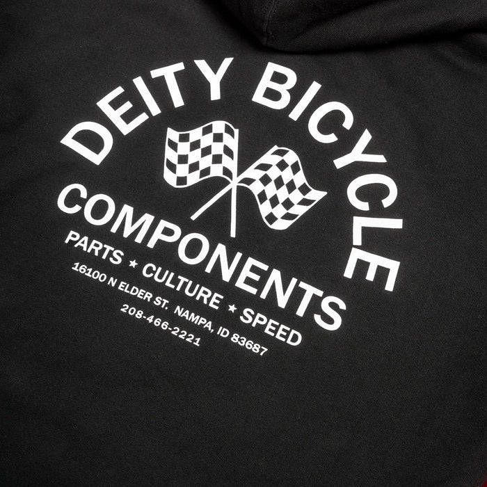 Black hoodie with 'Deity Bicycle Components' logo on a red background