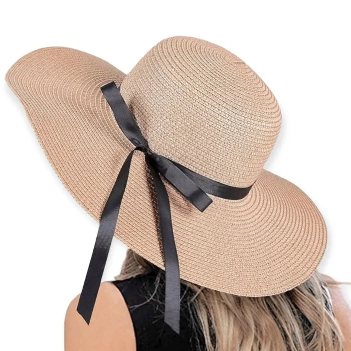 Floppy wide brim straw sun hat with black ribbon band, sustainable braided straw, boho chic summer fashion.