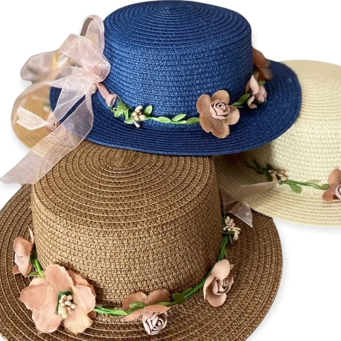 Floral Crown Summer Straw Hat in brown, navy blue, and tan with floral lace hat band or hair band