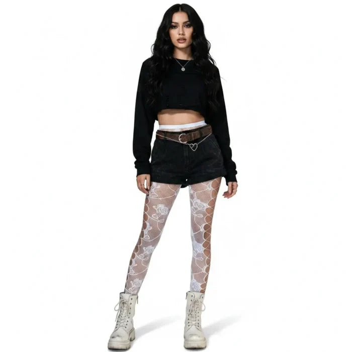 White Floral cut out fishnet tights with rose vine detail, diamond mesh panels and high-waist stretch fit / one size