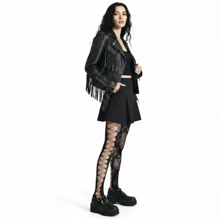 Black Floral cut out fishnet tights with rose vine detail, diamond mesh panels and high-waist stretch fit / one size