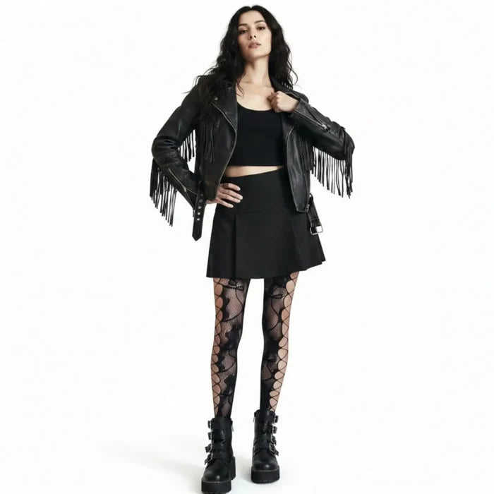 Black Floral cut out fishnet tights with rose vine detail, diamond mesh panels and high-waist stretch fit / one size