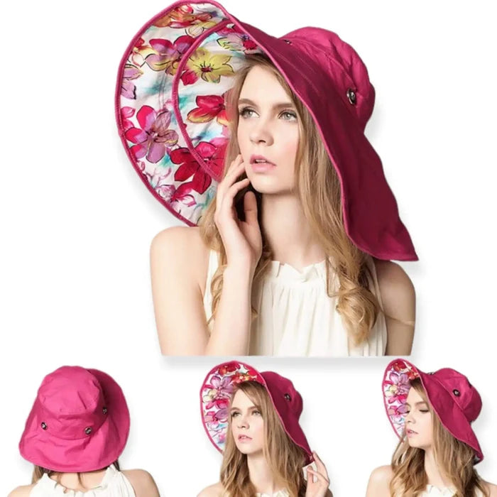 Floral extra wide brim reversible sun hat in pink multicolor, 2-1 visor or bucket hat