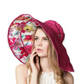 Floral extra wide brim reversible sun hat in pink multicolor, converts to short-brim bucket.