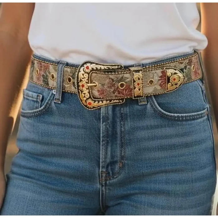 Floral Gold Oversized Buckle Western Belt in beige or blue with beaded trim, engraved buckle, and crystal keeper