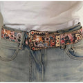 Floral Gold Oversized Buckle Western Belt in beige or blue with beaded trim, engraved buckle, and crystal keeper
