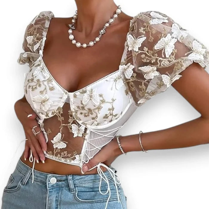 Floral Lace Mesh Bustier Corset Top - White / XL / Sweetheart - Crop Tops