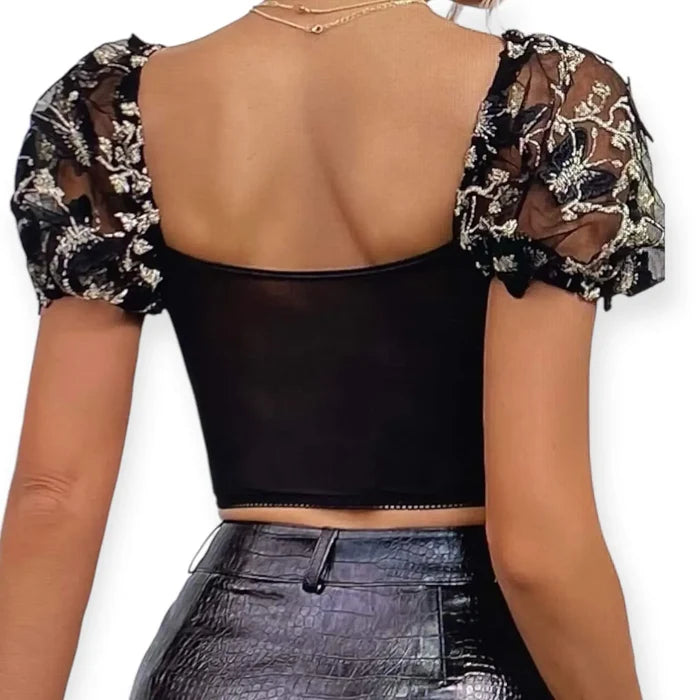 Floral Lace Mesh Bustier Corset Top - Crop Tops