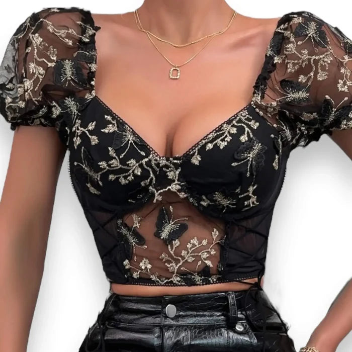 Floral Lace Mesh Bustier Corset Top - Black / XL / Sweetheart - Crop Tops