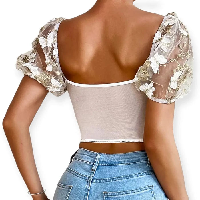 Floral Lace Mesh Bustier Corset Top - Crop Tops