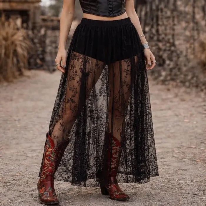 Floral Lace Mesh Maxi Skirt in black or white with sheer floral panels, built-in shorts, and elastic high waist