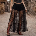 Floral Lace Mesh Maxi Skirt in black or white with sheer floral panels, built-in shorts, and elastic high waist