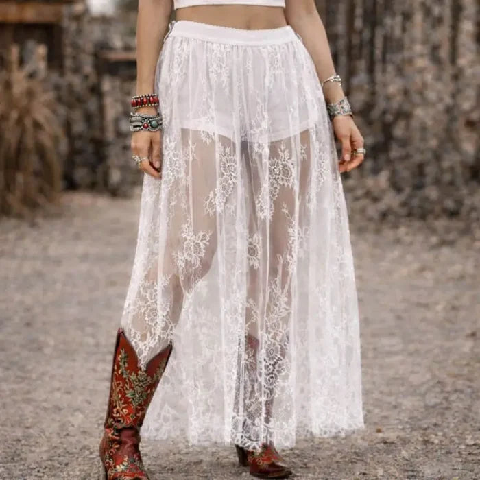 Floral Lace Mesh Maxi Skirt in black or white with sheer floral panels, built-in shorts, and elastic high waist