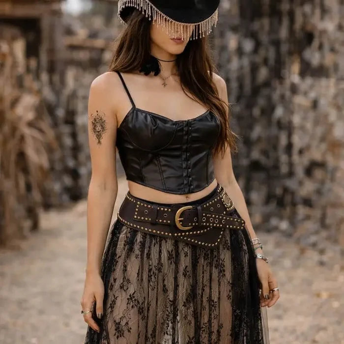 Floral Lace Mesh Maxi Skirt in black or white with sheer floral panels, built-in shorts, and elastic high waist