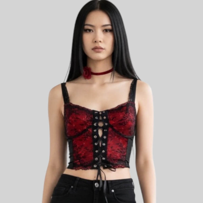 woman wearing Floral Lace Up Bustier Corset Top - Black/Red / Medium / Female - Women’s Tank Tops