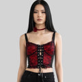 woman wearing Floral Lace Up Bustier Corset Top - Black/Red / Medium / Female - Women’s Tank Tops