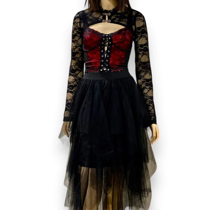 worn with outfit Floral Lace Up Bustier Corset Top - Black/Red / Medium / Female - Women’s Tank Tops