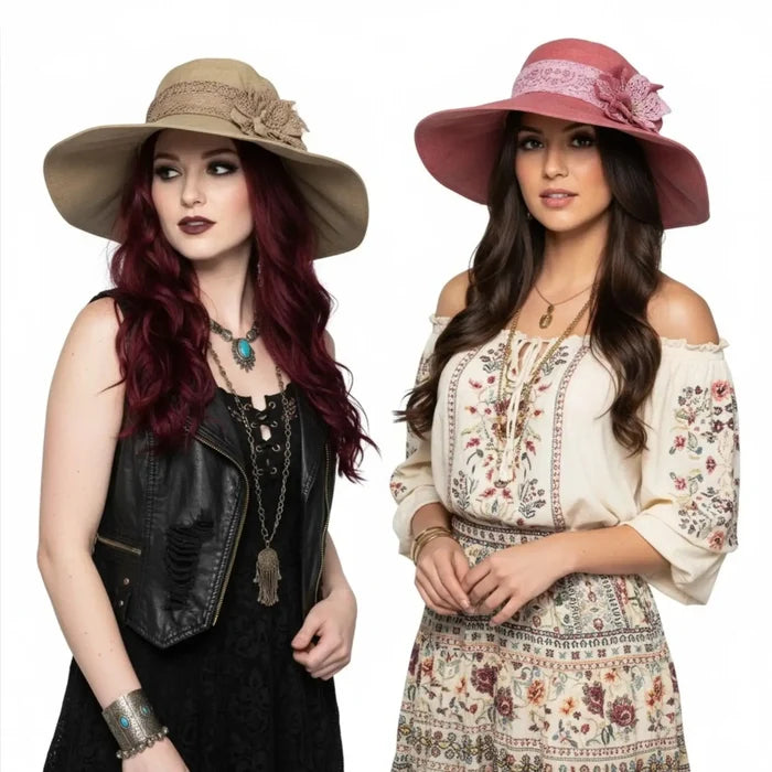 Women wearing Floral Lace Wide Brim Summer Sun Hat with removable brooch and UPF 50 protection / one size/ pink/ tan