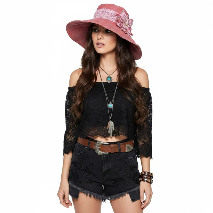 Women wearing Floral Lace Wide Brim Summer Sun Hat with removable brooch and UPF 50 protection / one size/ pink