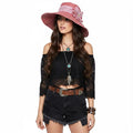 Women wearing Floral Lace Wide Brim Summer Sun Hat with removable brooch and UPF 50 protection / one size/ pink