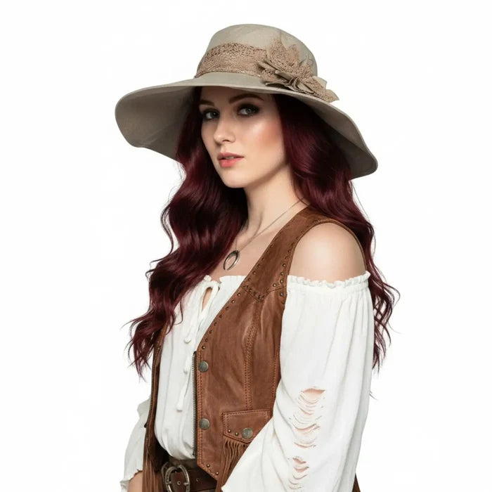 Women wearing Floral Lace Wide Brim Summer Sun Hat with removable brooch and UPF 50 protection / one size/ tan