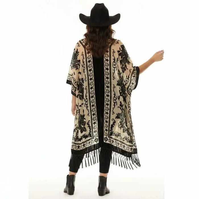 Floral Long Fringe Open Front Velvet Jacket with devoré floral texture, oversized sleeves, and long tassel fringe multiple color options black & cream