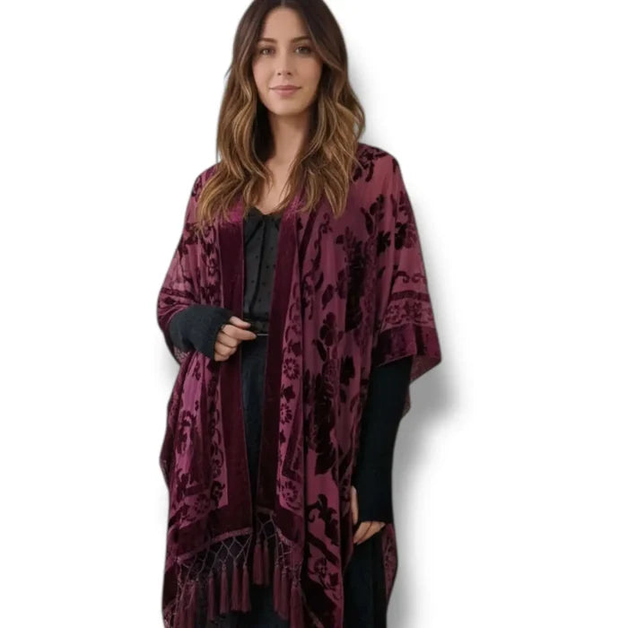 Floral Long Fringe Open Front Velvet Jacket with devoré floral texture, oversized sleeves, and long tassel fringe multiple color options burgundy red