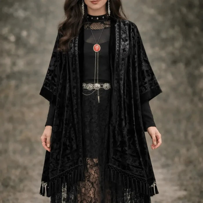 Floral Long Fringe Open Front Velvet Jacket with devoré floral texture, oversized sleeves, and long tassel fringe in multiple color options  Black