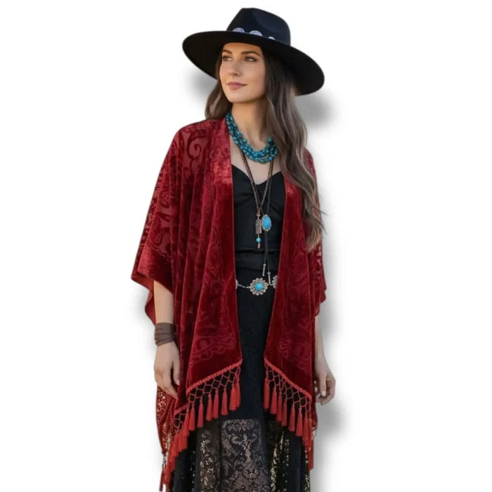 Floral Long Fringe Open Front Velvet Jacket with devoré floral texture, oversized sleeves, and long tassel fringe in multiple color options red