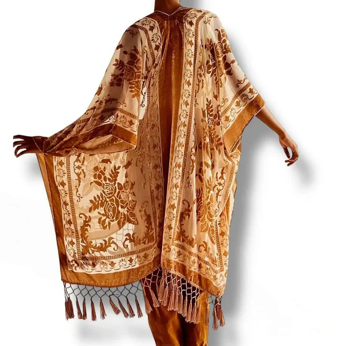 Floral Long Fringe Open Front Velvet Jacket with devoré floral texture, oversized sleeves, and long tassel fringe in multiple color options saddle tan/brown