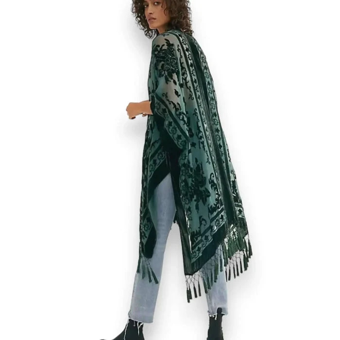Fringe Floral Velvet Kimono Jacket with semi-sheer burnout floral velvet, open front, oversized sleeves, and long tassel fringe in multiple color options forest green