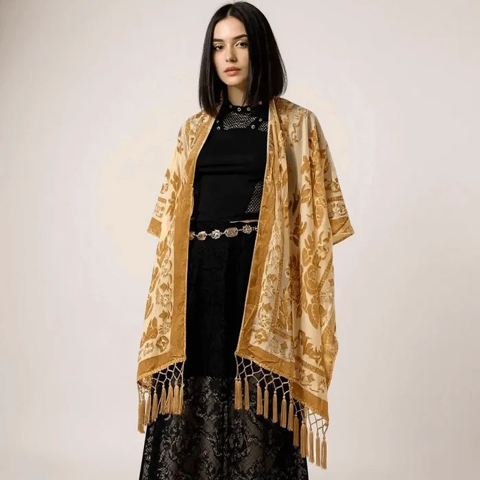Fringe Floral Velvet Kimono Jacket with semi-sheer burnout floral velvet, open front, oversized sleeves, and long tassel fringe in multiple color options saddle tan/brown