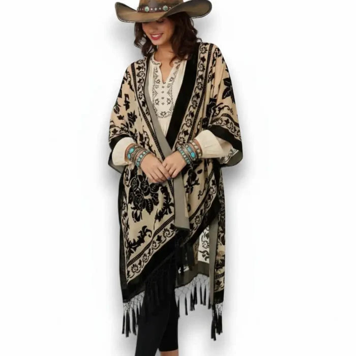Fringe floral velvet kimono jacket with semi-sheer burnout floral velvet, open front, oversized sleeves, and long tassel fringe in multiple color options black ivory cream