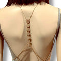 Floral metal chest chain body jewelry with round medallion links and triple draped waist chains in gold and silver—perfect for rave, beach, or festival fashion.