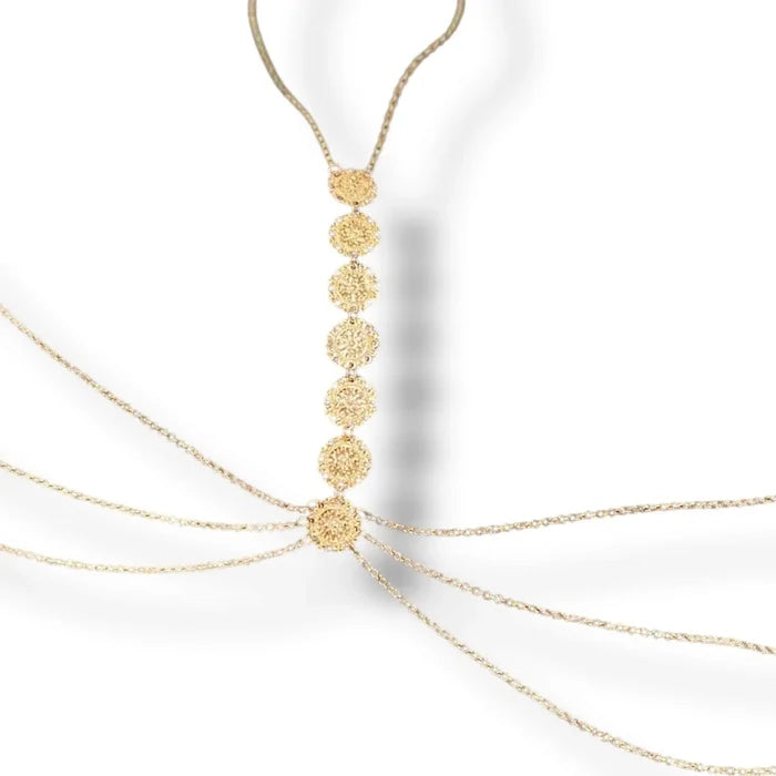 Floral metal chest chain body jewelry with round medallion links and triple draped waist chains in gold and silver—perfect for rave, beach, or festival fashion.